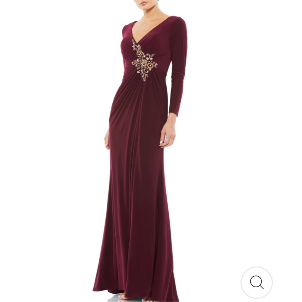 FAUX WRAP LONG SLEEVE GOWN W/ APPLIQUÉ DETAIL. Brand new with tags